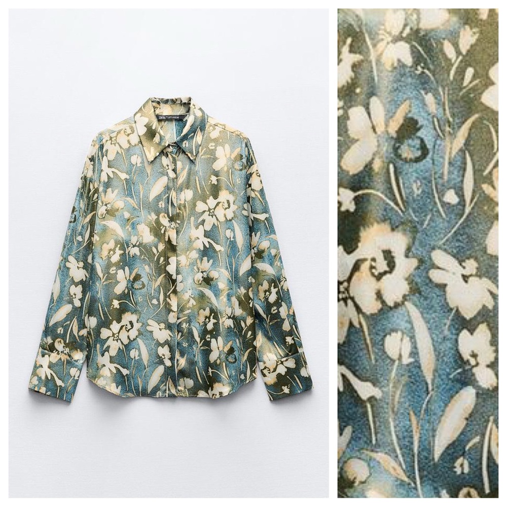 NWT. Zara Multicolored Floral Print Shirt with Lamination. Size M.